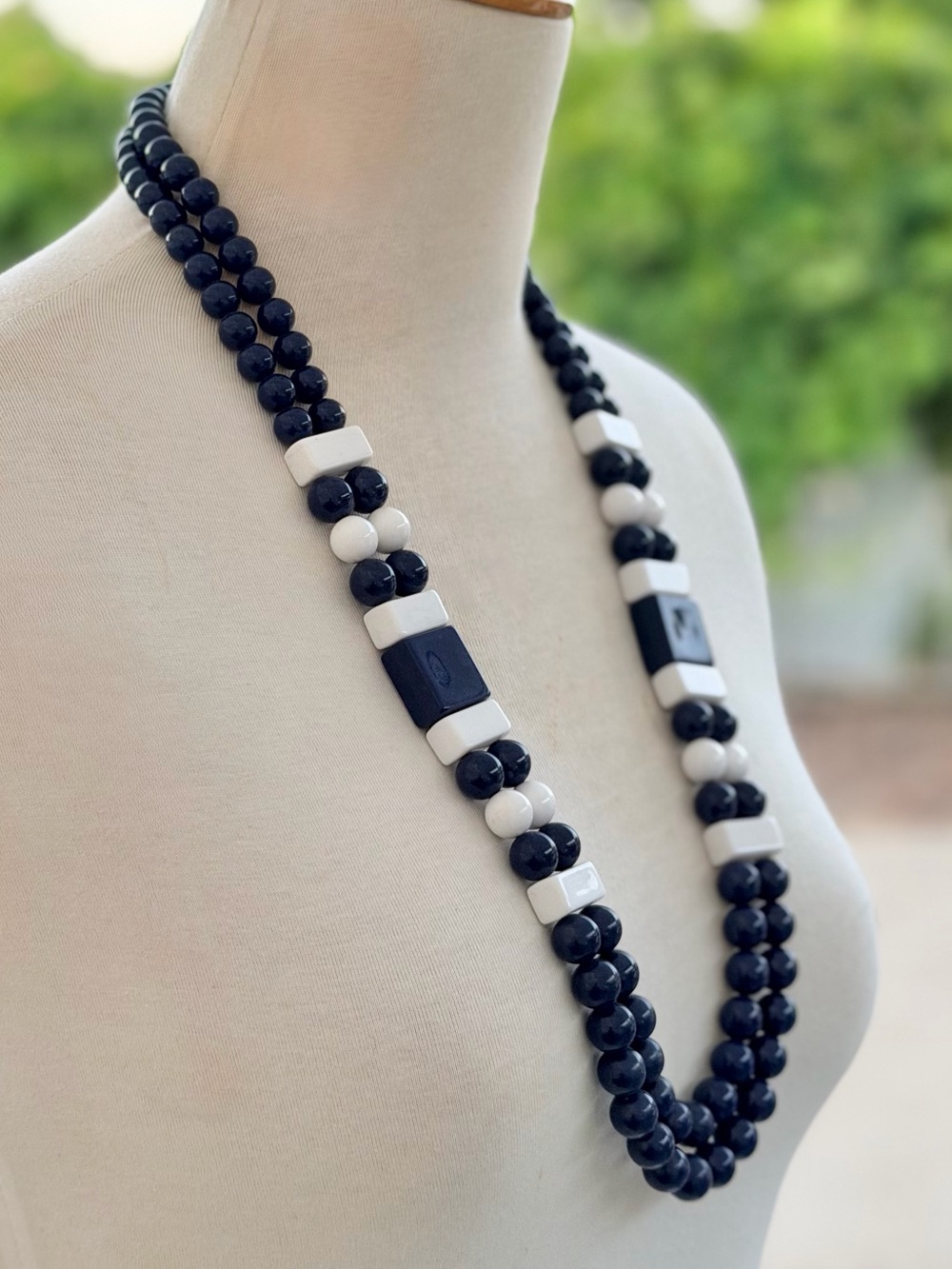 Nautical Palette Navy Blue and White Double-Strand Chunky Statement 29” Necklace - Picture 2 of 5